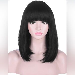 15 Inch Short Straight Black Bob Women Wig with Bangs | Natural Heat Resistant